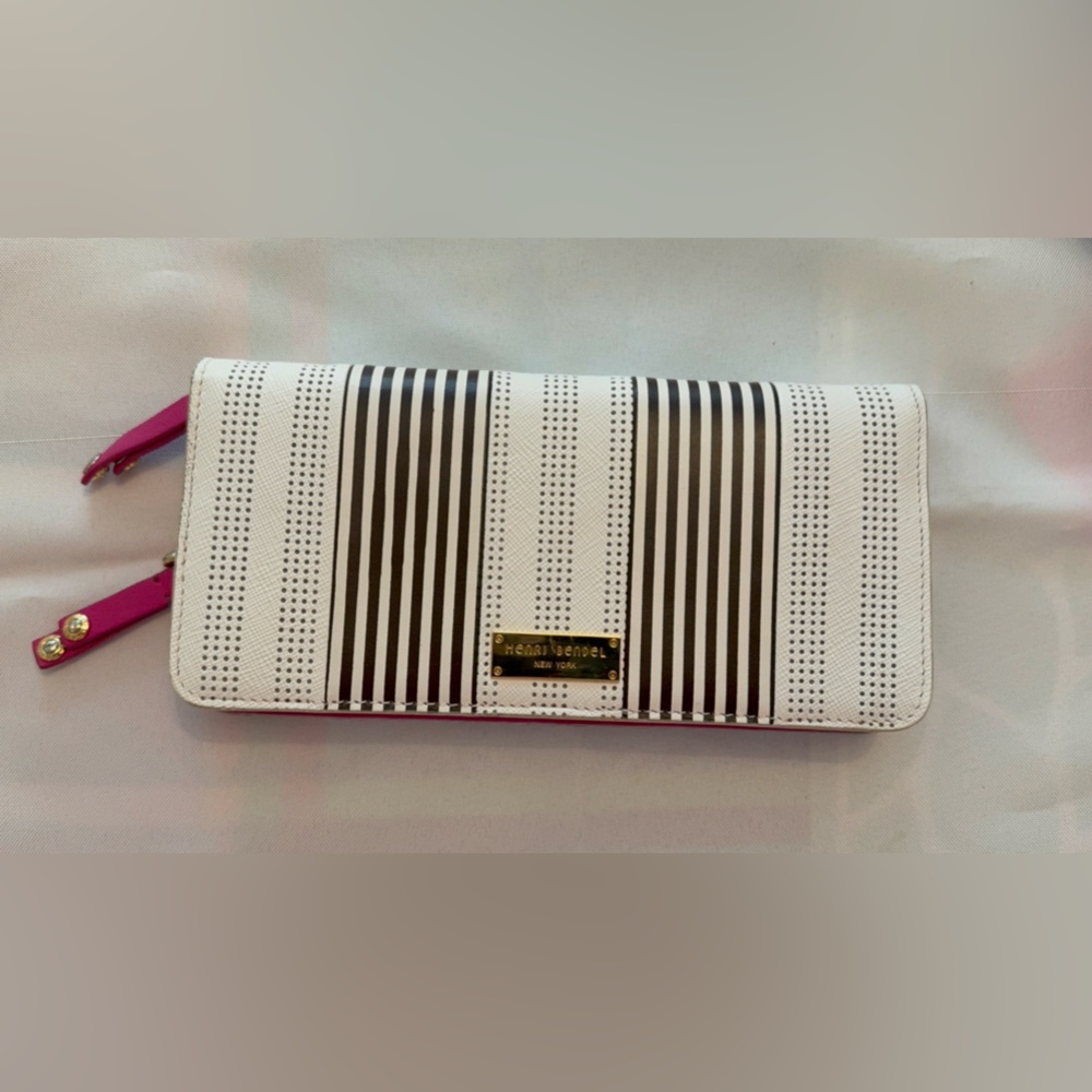henri bendel Black and White Stripe Saffiano Leather Wallet with Gold Plaque